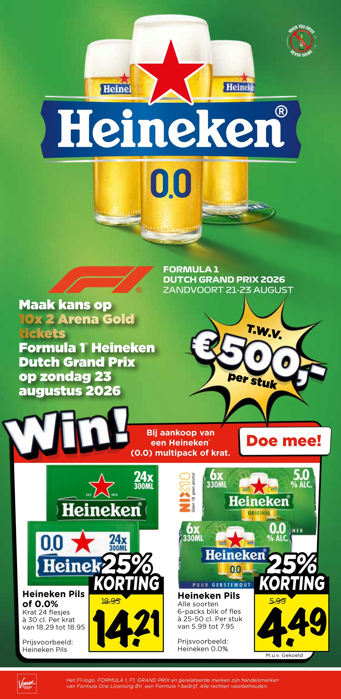 Heineken Pils of 0.0%, gemarkeerd op pagina 31 van de Vomar folder