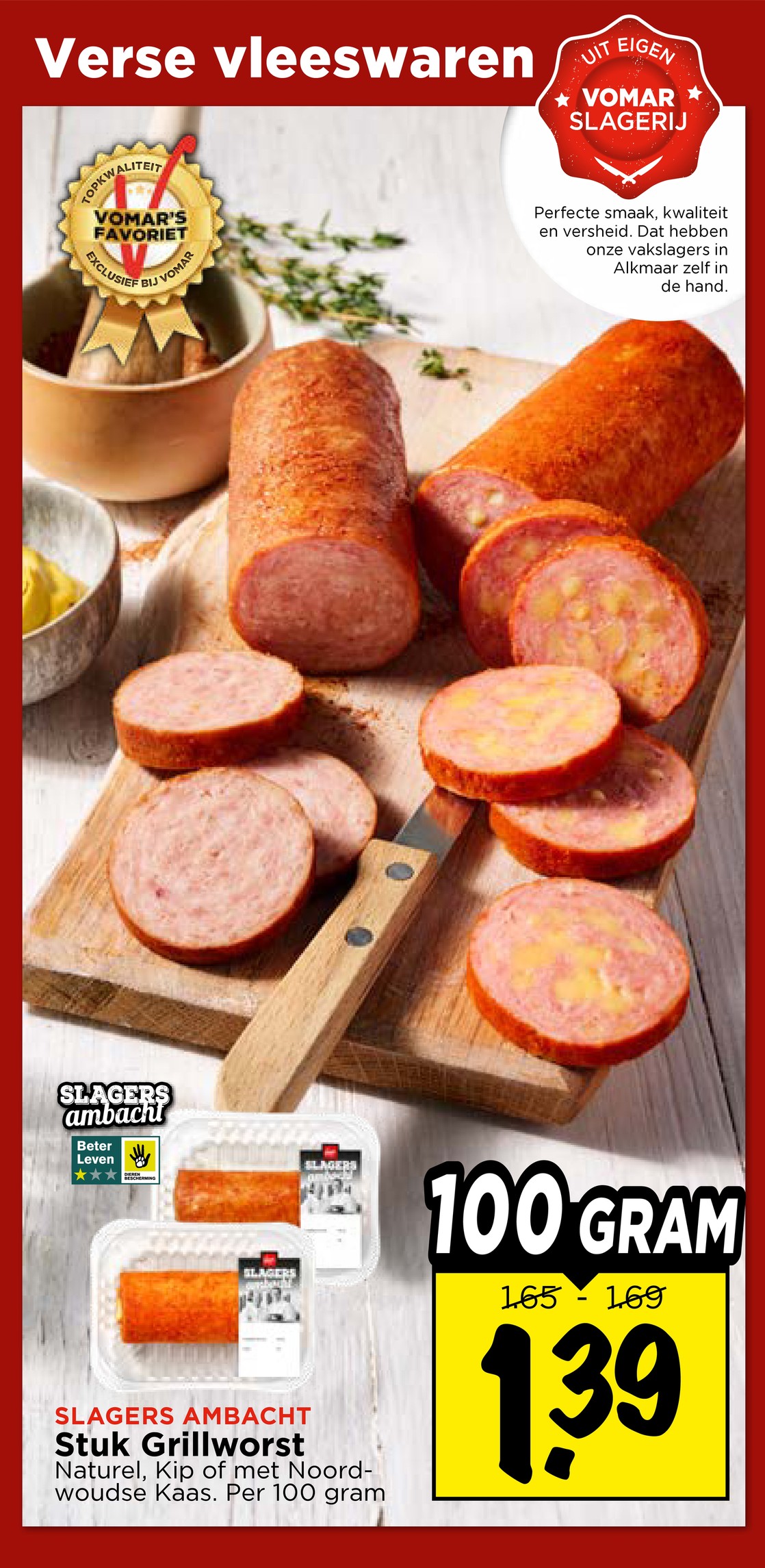 Stuk Grillworst Naturel, Kip of Noordwoudse Kaas, gemarkeerd op pagina 18 van de Vomar folder
