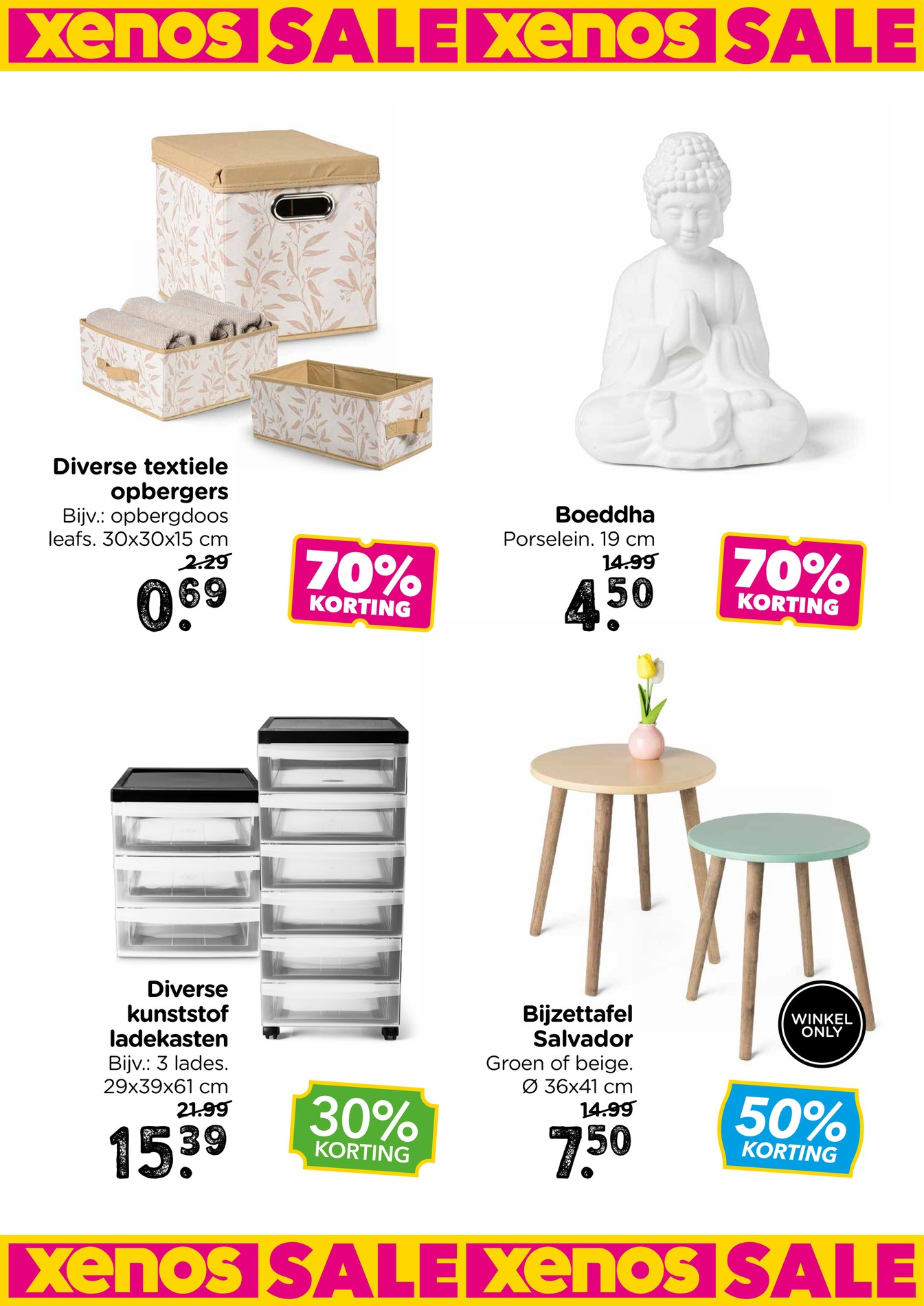 Diverse textiele opbergers, gemarkeerd op pagina 6 van de Xenos folder