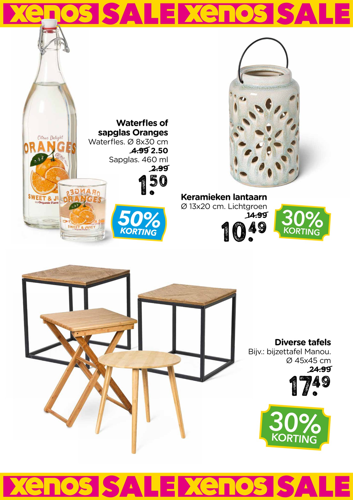 Waterfles of sapglas Oranges, gemarkeerd op pagina 19 van de Xenos folder