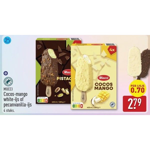 Cocos-mango white-ijs of pecanvanilla-ijs