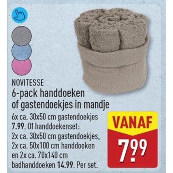 NOVITESSE 6-pack handdoeken of gastendoekjes in mandje