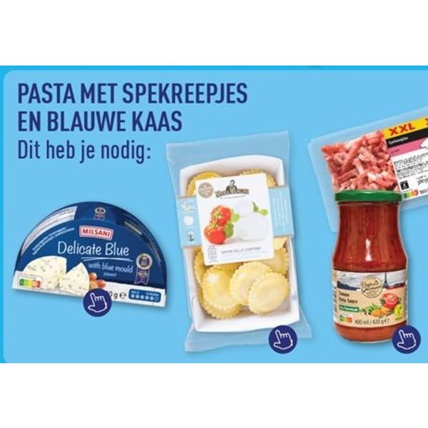 Pasta met spekreepjes en blauwe kaas