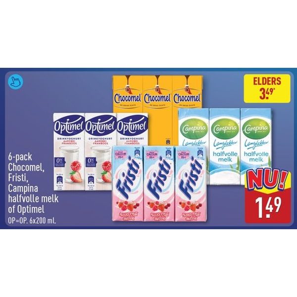 6-pack Chocomel, Fristi, Campina halfvolle melk of Optimel