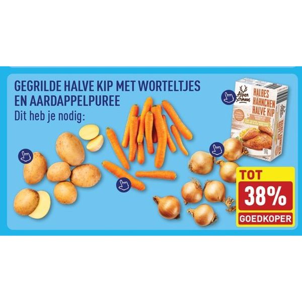 Gegrilde halve kip met worteltjes en aardappelpuree