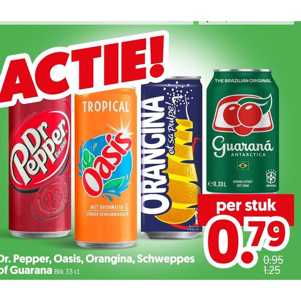 Dr. Pepper, Oasis, Orangina, Schweppes of Guarana frisdrank