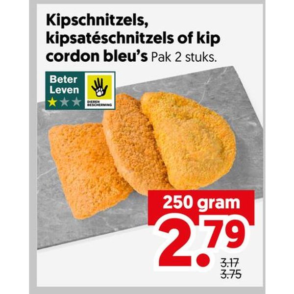 Kipschnitzels, kipsatéschnitzels of kip cordon bleu