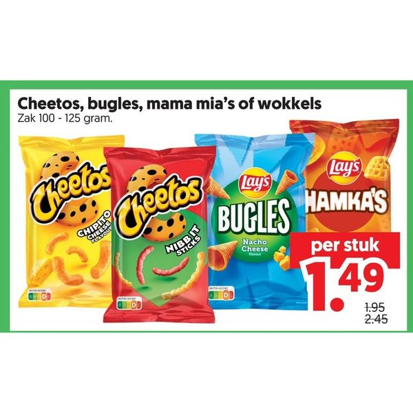 Cheetos, bugles, mama mia's of wokkels
