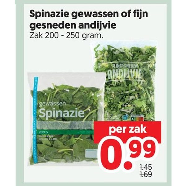 Spinazie gewassen of fijn gesneden andijvie