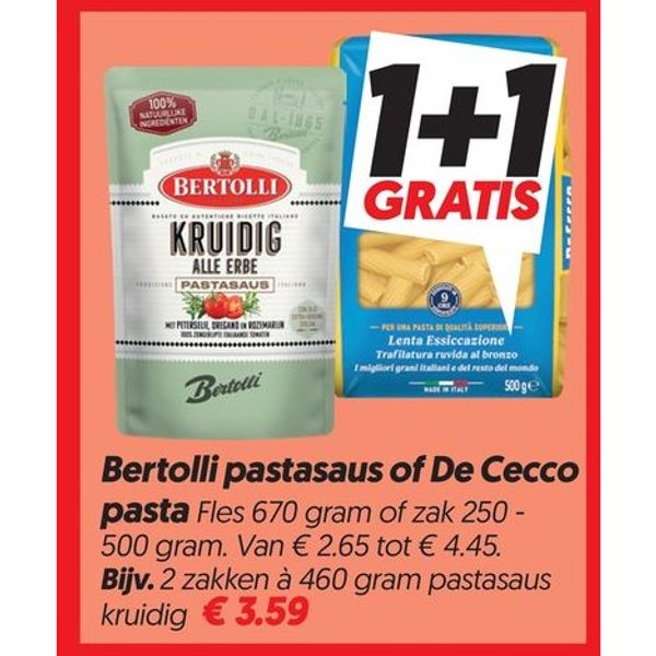 Bertolli pastasaus of De Cecco pasta