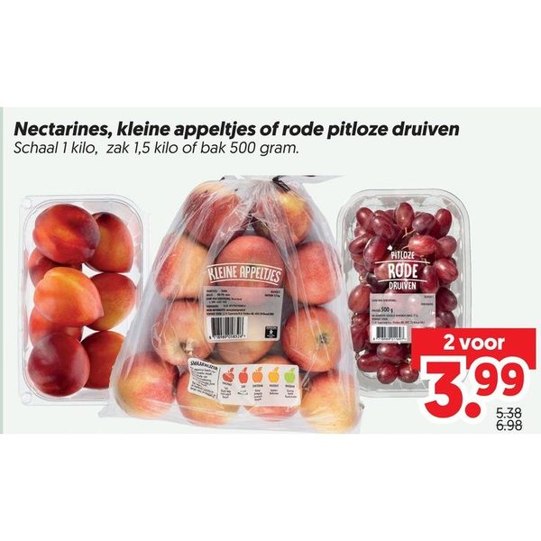 Nectarines, kleine appeltjes of rode pitloze druiven