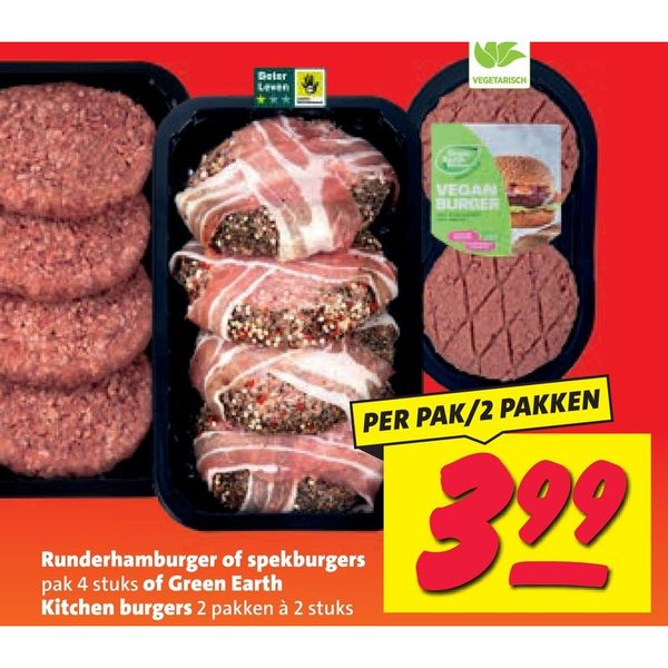 Runderhamburger, spekburgers of Green Earth Kitchen burgers