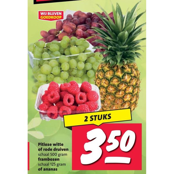 Pitloze witte of rode druiven, frambozen of ananas