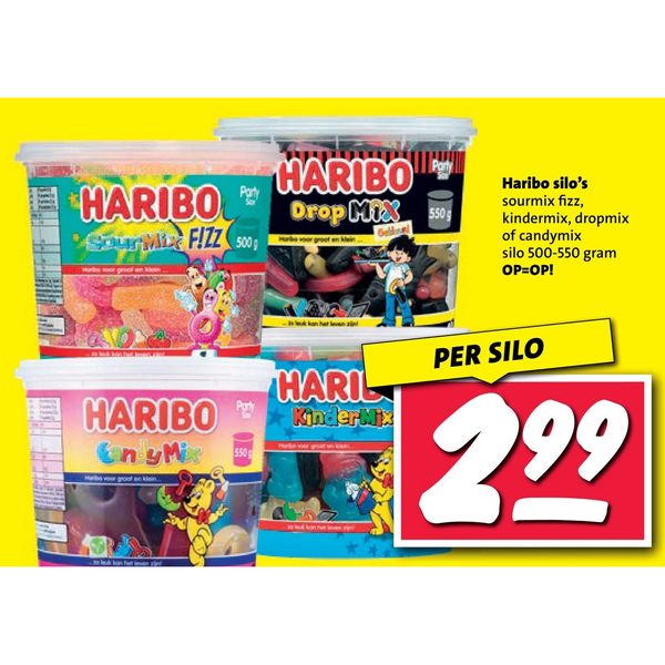 Haribo silo's sourmix fizz, kindermix, dropmix of candymix
