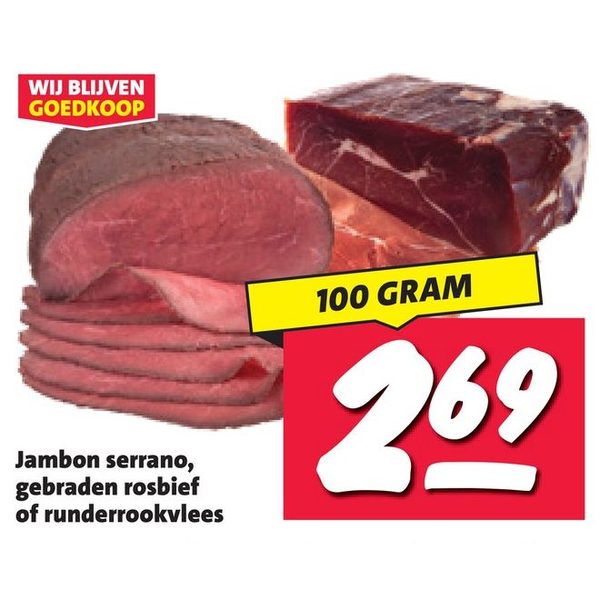 Jambon serrano, gebraden rosbief of runderrookvlees