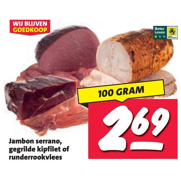 Jambon serrano, gegrilde kipfilet of runderrookvlees