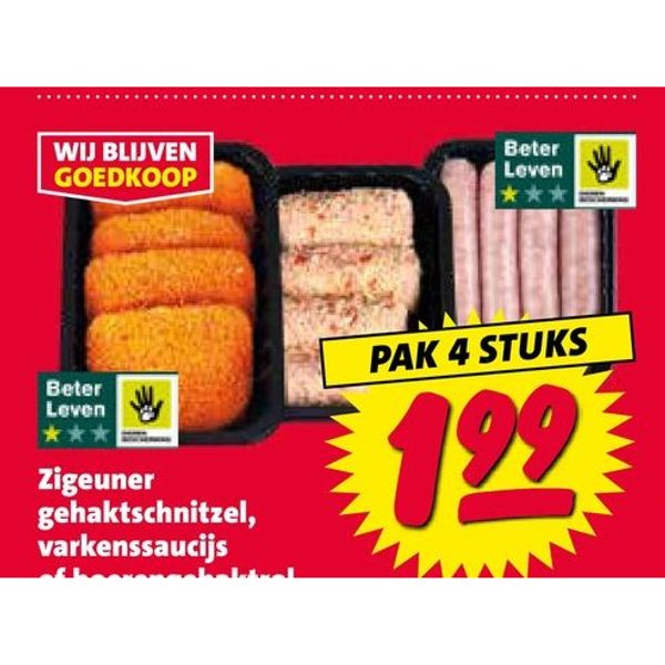 Zigeuner gehakt-schnitzel, varkenssaucijs of boerengehaktrol