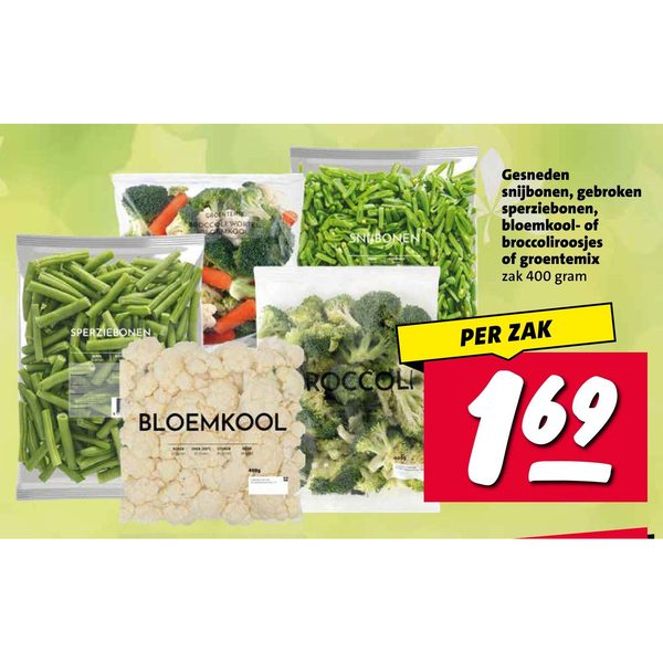 Gesneden snijbonen, gebroken sperziebonen, bloemkool- of broccoliroosjes of groentemix zak 400 gram