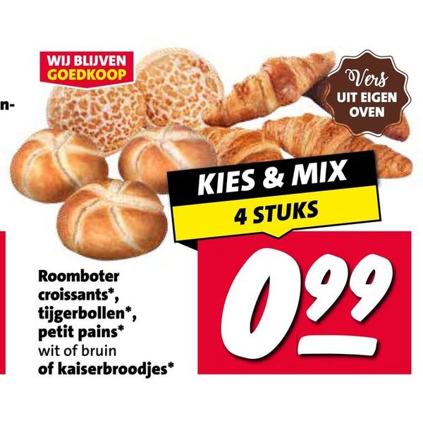 Roomboter croissants, tijgerbollen, petit pains, wit/bruin of kaiserbroodjes