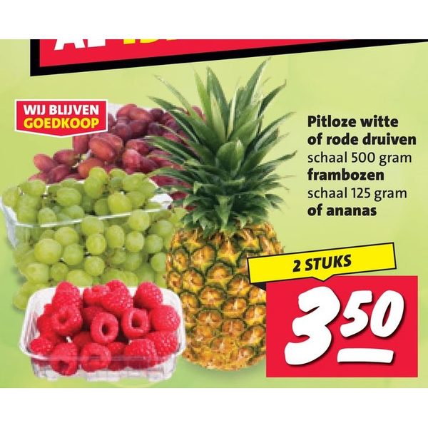 Pitloze witte of rode druiven, frambozen of ananas