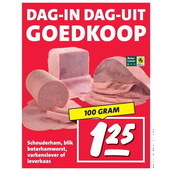 Schouderham, blik boterhamworst, varkenslever of leverkaas