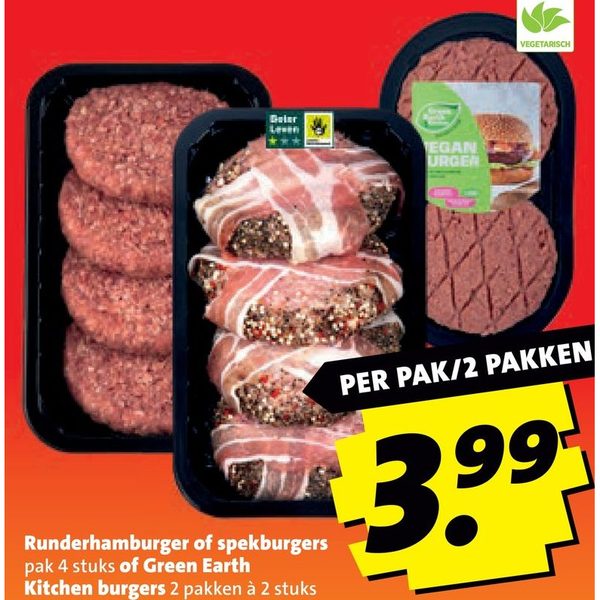 Runderhamburger, spekburgers of Green Earth Kitchen burgers