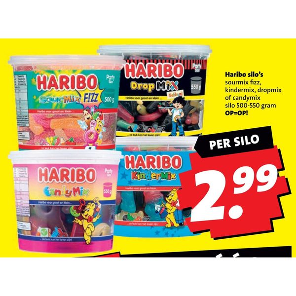 Haribo silo's sourmix fizz, kindermix, dropmix of candymix