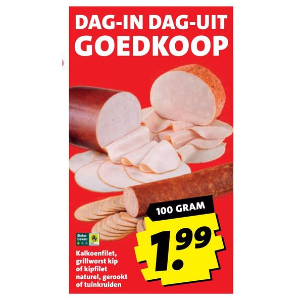 Kalkoenfilet, grillworst kip of kipfilet