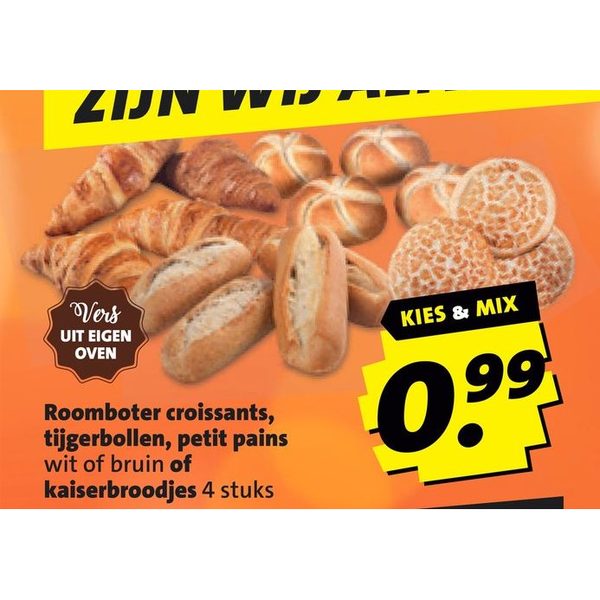 Roomboter croissants, tijgerbollen, petit pains wit of bruin of kaiserbroodjes