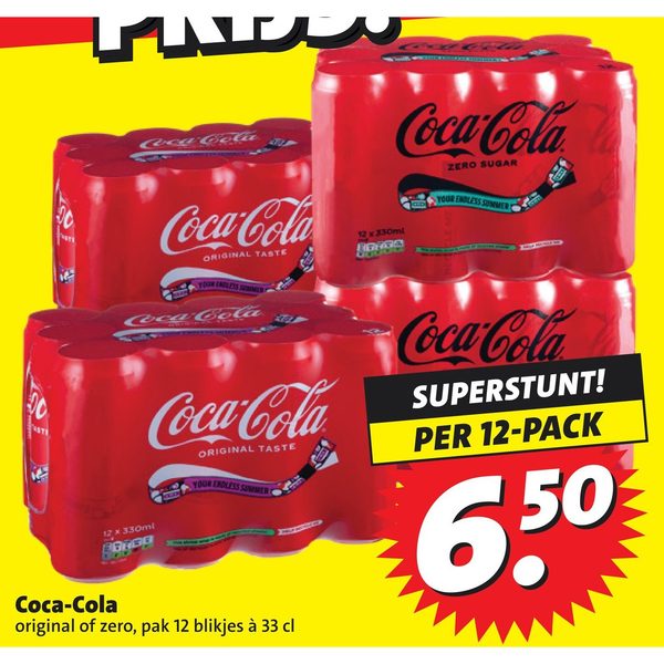 Coca-Cola original of zero, pak 12 blikjes