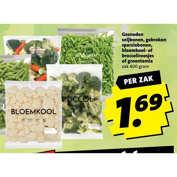 Gesneden snijbonen, gebroken sperziebonen, bloemkool- of broccoliroosjes of groentemix