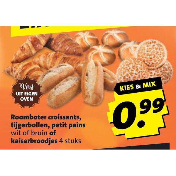 Roomboter croissants, tijgerbollen, petit pains wit of bruin of kaiserbroodjes