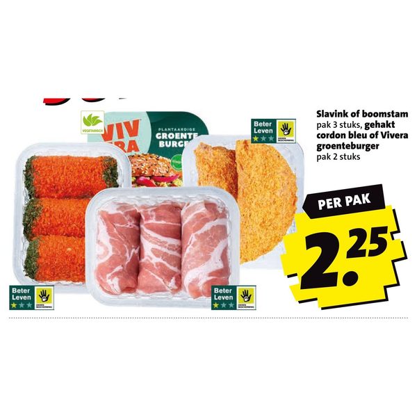 Slavink of boomstam pak 3 stuks, gehakt cordon bleu of Vivera groenteburger pak 2 stuks