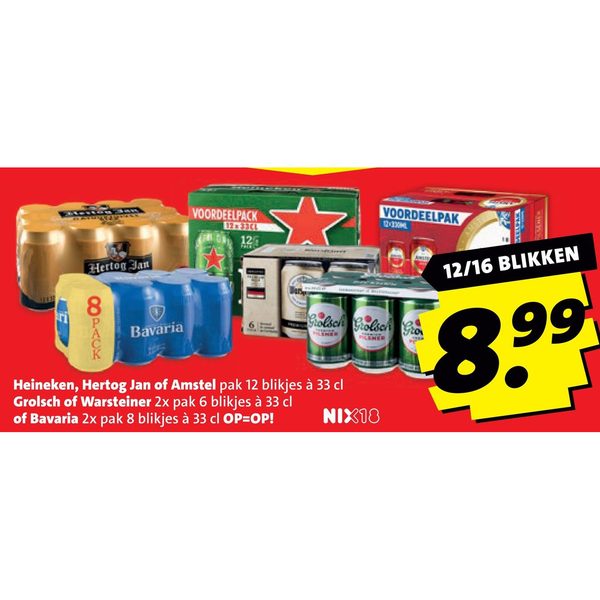 Bier (Heineken, Hertog Jan, Amstel, Grolsch, Warsteiner of Bavaria)