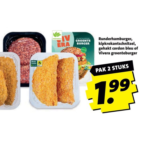 Runderhamburger, kipkrokantschnitzel, gehakt cordon bleu of Vivera groenteburger