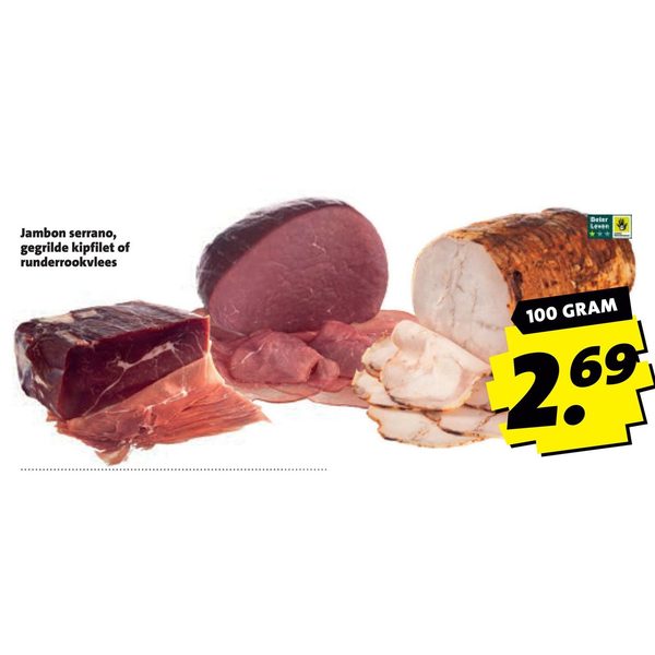 Jambon serrano, gegrilde kipfilet of runderrookvlees