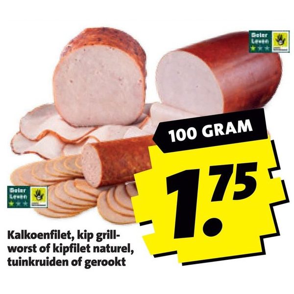 Kalkoenfilet, kip grillworst of kipfilet naturel, tuinkruiden of gerookt