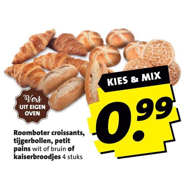 Roomboter croissants, tijgerbollen, petit pains wit of bruin of kaiserbroodjes
