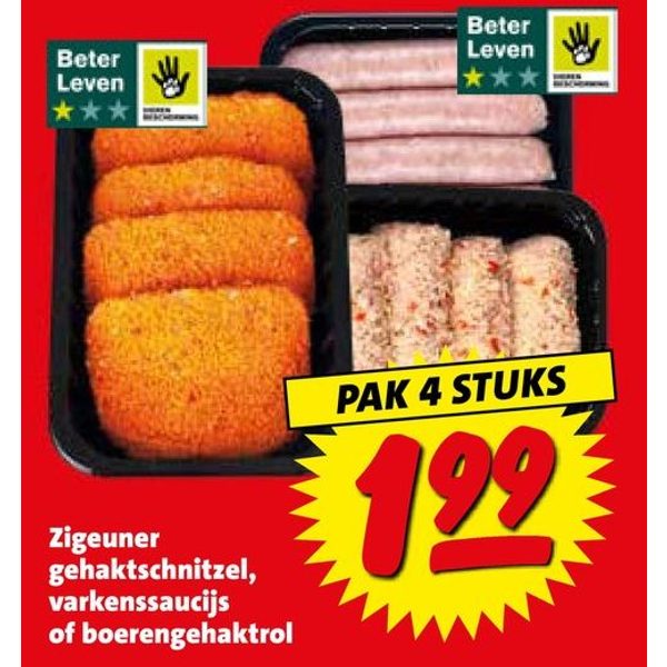 Zigeuner gehakschnitzel, varkenssaucijs of boerengehaktrol