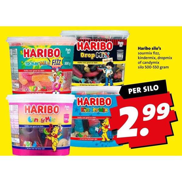 Haribo silo's sourmix fizz, kindermix, dropmix of candymix