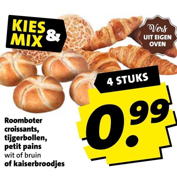Roomboter croissants, tijgerbollen, petit pains wit of bruin of kaiserbroodjes