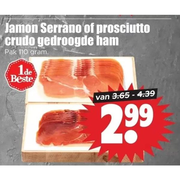 Jamon Serrano of prosciutto crudo gedroogde ham