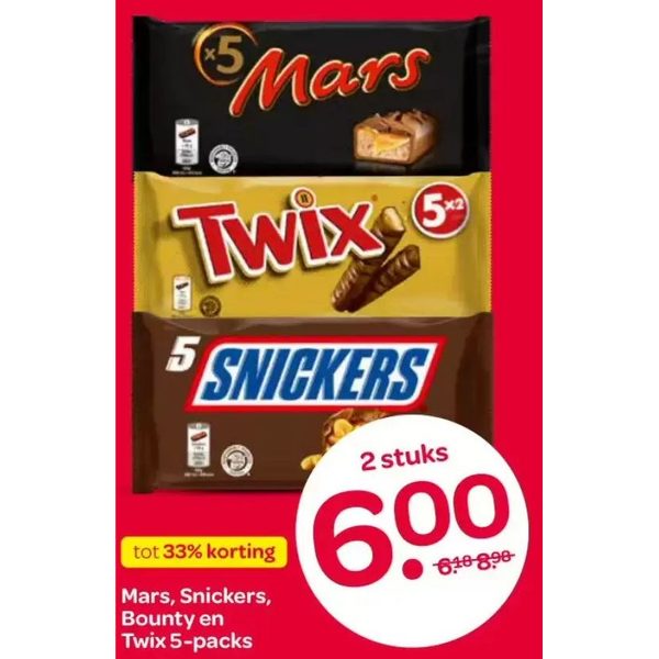 Mars, Snickers, Bounty en Twix 5-packs