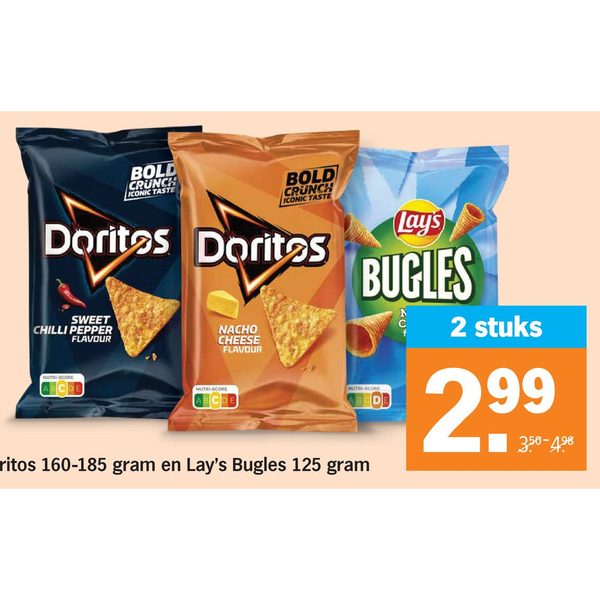 Alle Doritos 160-185 gram en Lay's Bugles 125 gram
