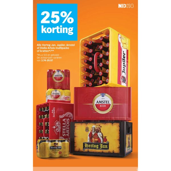 Multipacks en kratten Hertog Jan, Jupiler, Amstel of Stella Artois