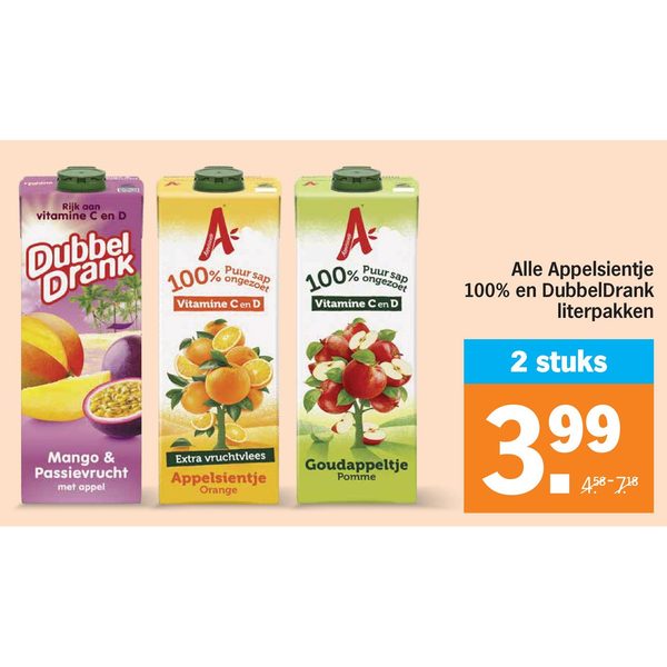 Alle Appelsientje 100% en DubbelDrank literpakken