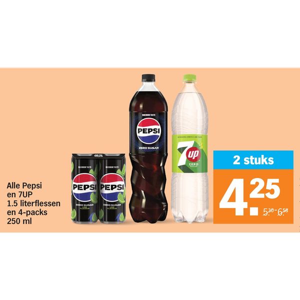 Pepsi en 7UP 1.5 literflessen en 4-packs 250 ml