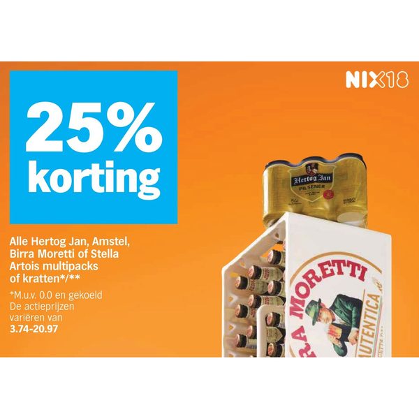 Hertog Jan, Amstel, Birra Moretti of Stella Artois multipacks of kratten