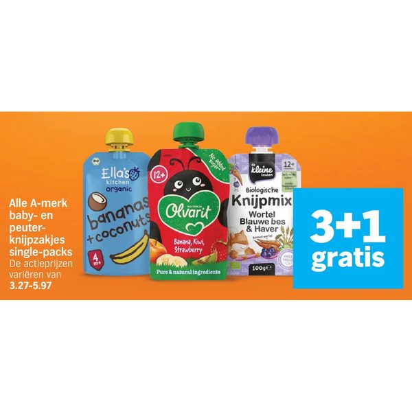 Alle A-merk baby- en peuter-knijpzakjes single-packs