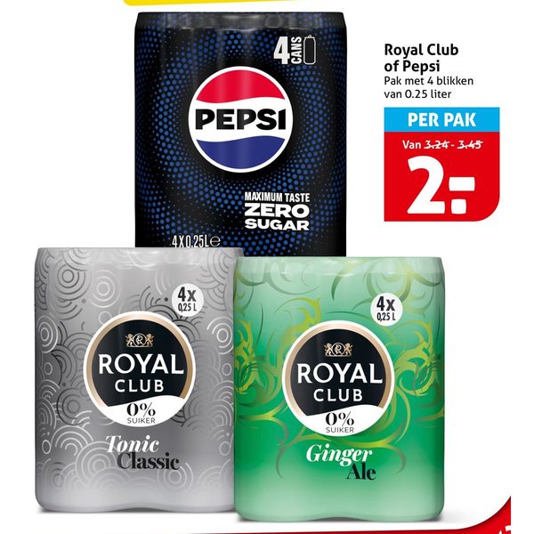 Pepsi Zero Sugar, Royal Club Tonic Classic, Royal Club Ginger Ale